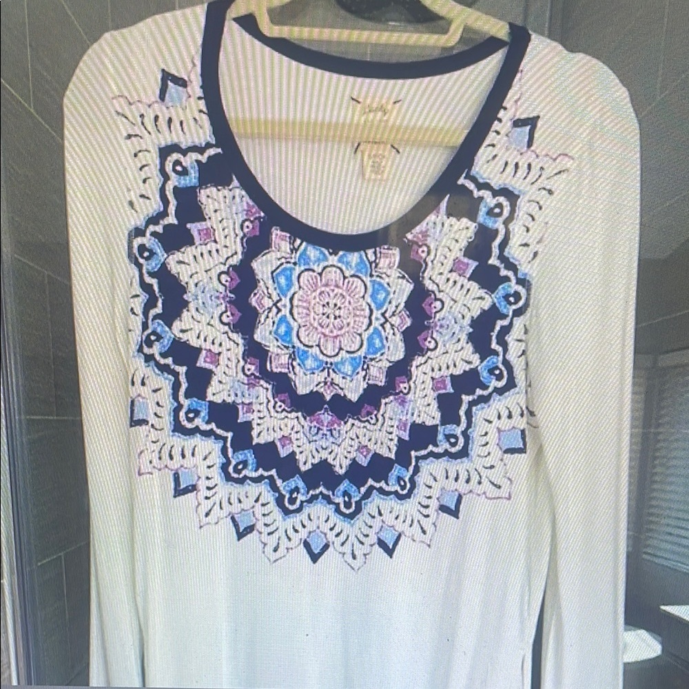 Women's Embroidered Long Sleeve Top - Cream and Blue